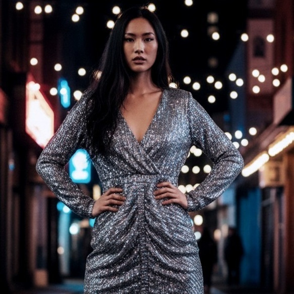 PrettyLittleThing Silver Sequin Ruched V-Neck Long Sleeve Mini Dress Size 6